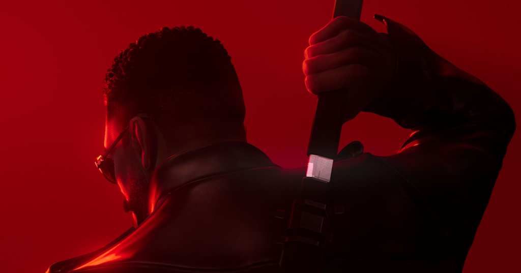 Official Marvel’s Blade announcement artwork showing Blade from behind, reaching for his sword against red light.