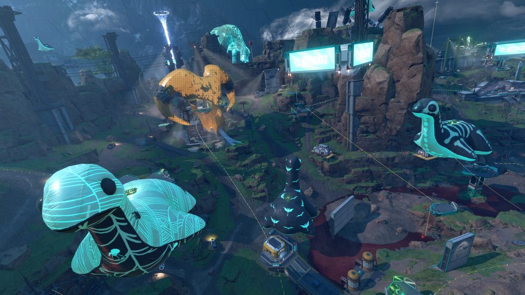 Kings Canyon at night with a giant horned skull and glowing Halloween Nessie decorations.