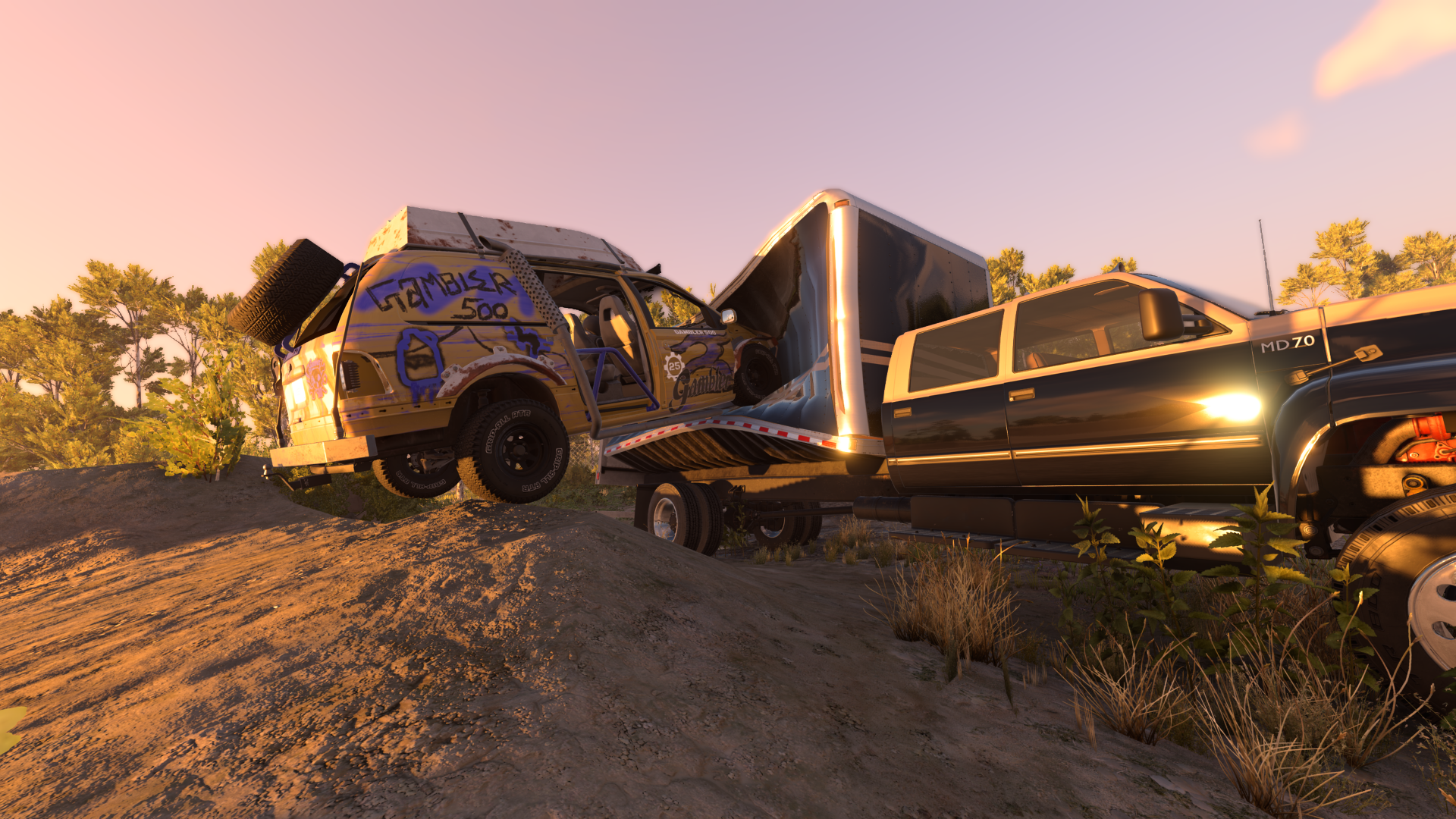 An off-road car collides with a truck trailer at sunset, showing vehicle deformation in BeamNG.drive on PS5 Pro.