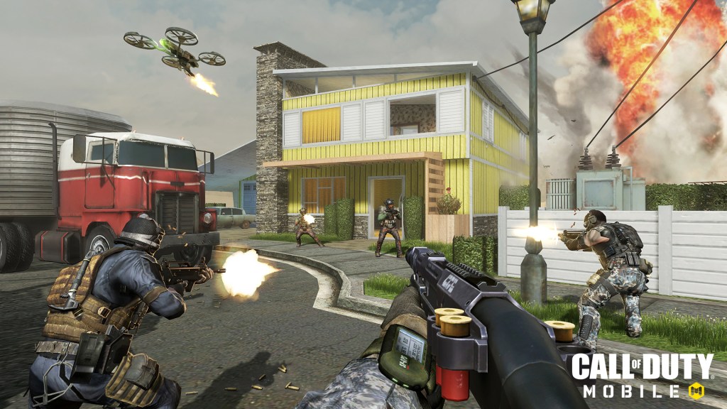 A first-person firefight on the Nuketown map in Call of Duty Mobile.