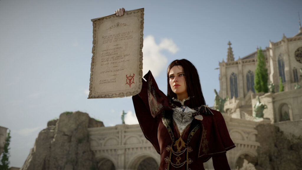 A character holds up a parchment outside a stone building in Crimson Desert Charting the Unknown.