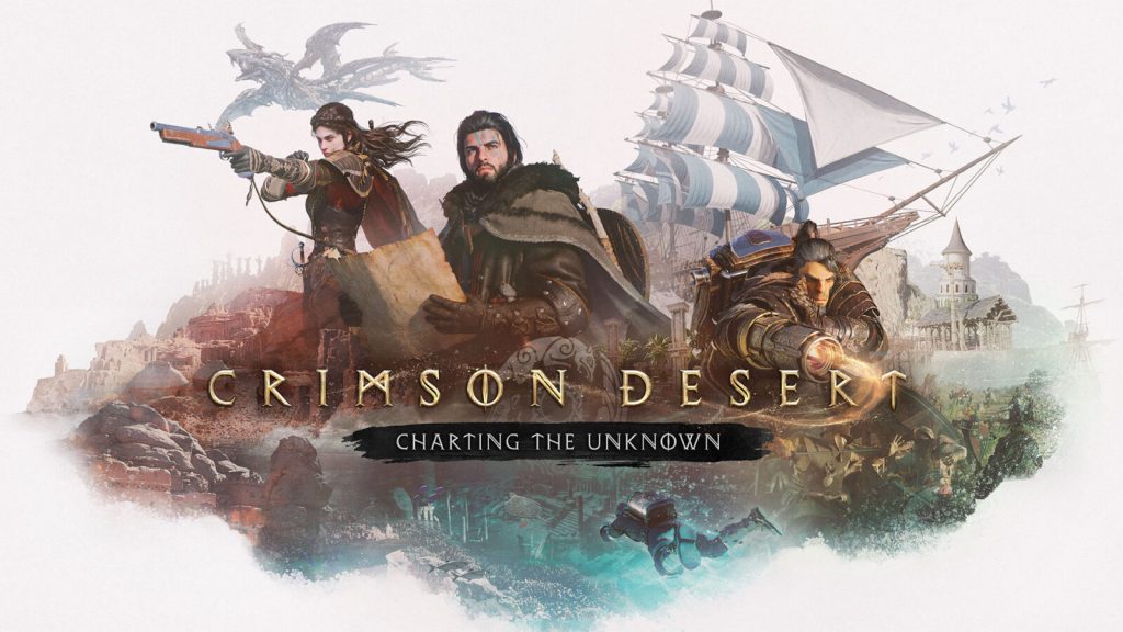 Crimson Desert Charting the Unknown key art showing three characters, a sailing ship and underwater ruins.