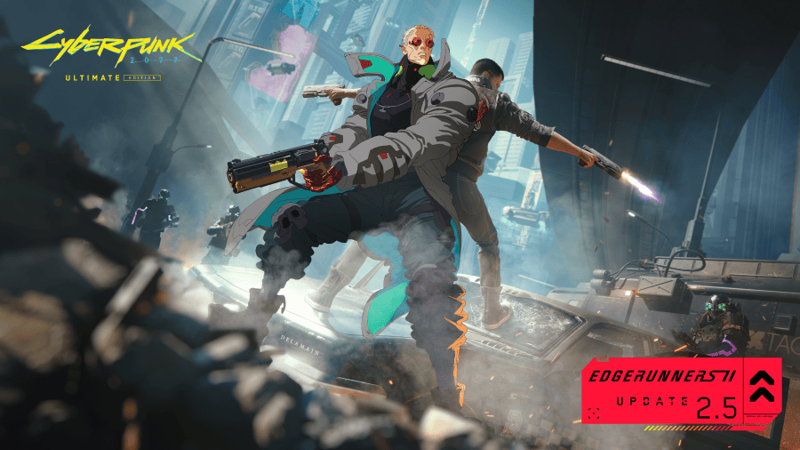 Official Cyberpunk 2077 Update 2.5 artwork showing an Edgerunners character and V armed in Night City