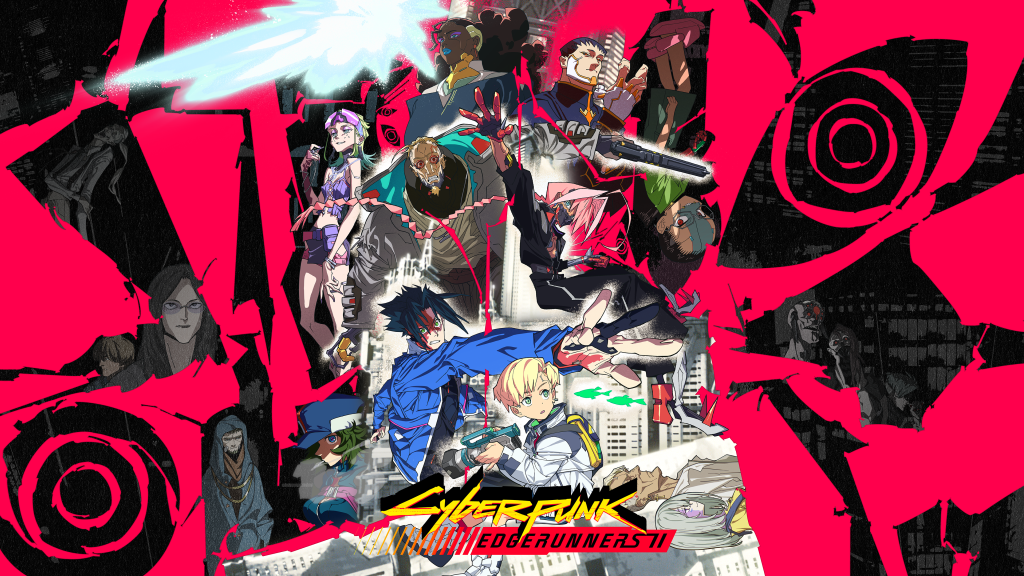 Cyberpunk Edgerunners 2 ensemble key art with the anime cast against a red and black background