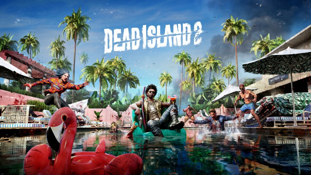 Dead Island 2 artwork showing a survivor relaxing in a pool as zombies approach.