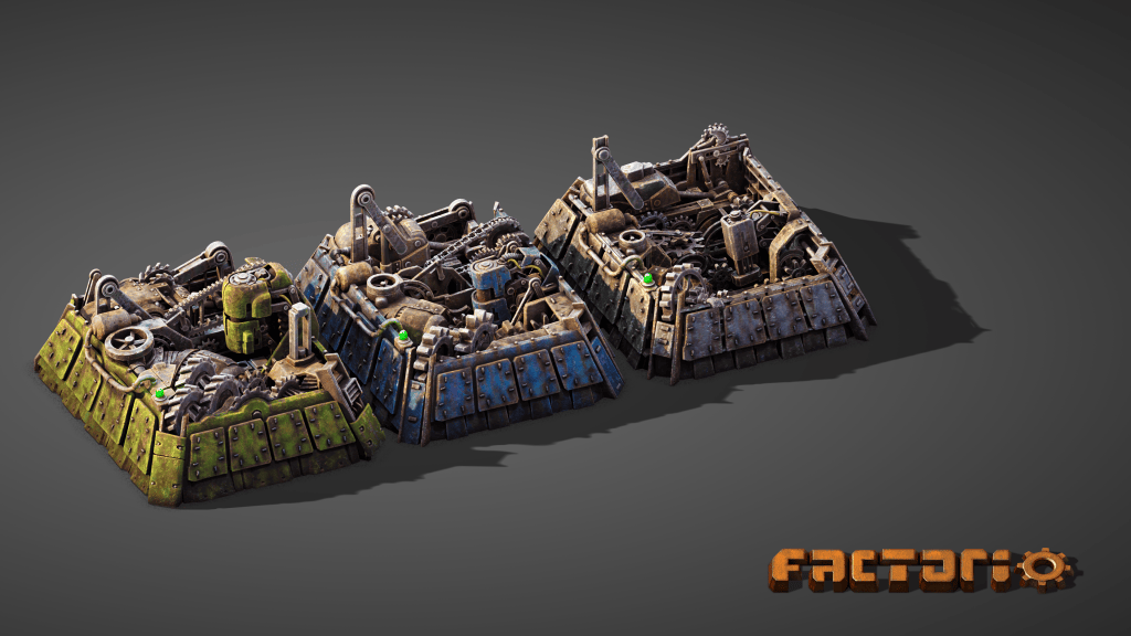 Three detailed assembling machines from Factorio displayed on a grey background