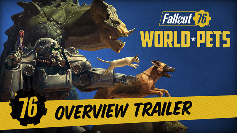 Fallout 76 World Pets artwork featuring a Deathclaw, cat, dog and power-armoured character.