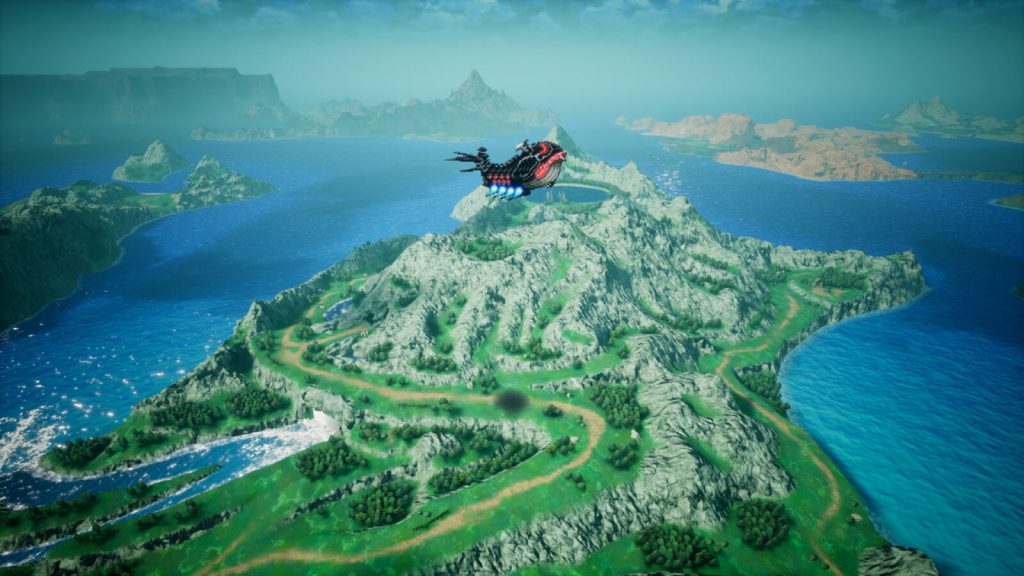 An airship flies over a mountainous island in Final Fantasy Resonance.