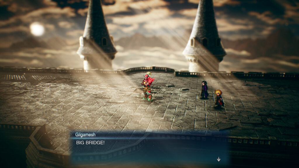 Pixel-art characters meet Gilgamesh on a stone bridge in Final Fantasy Resonance.