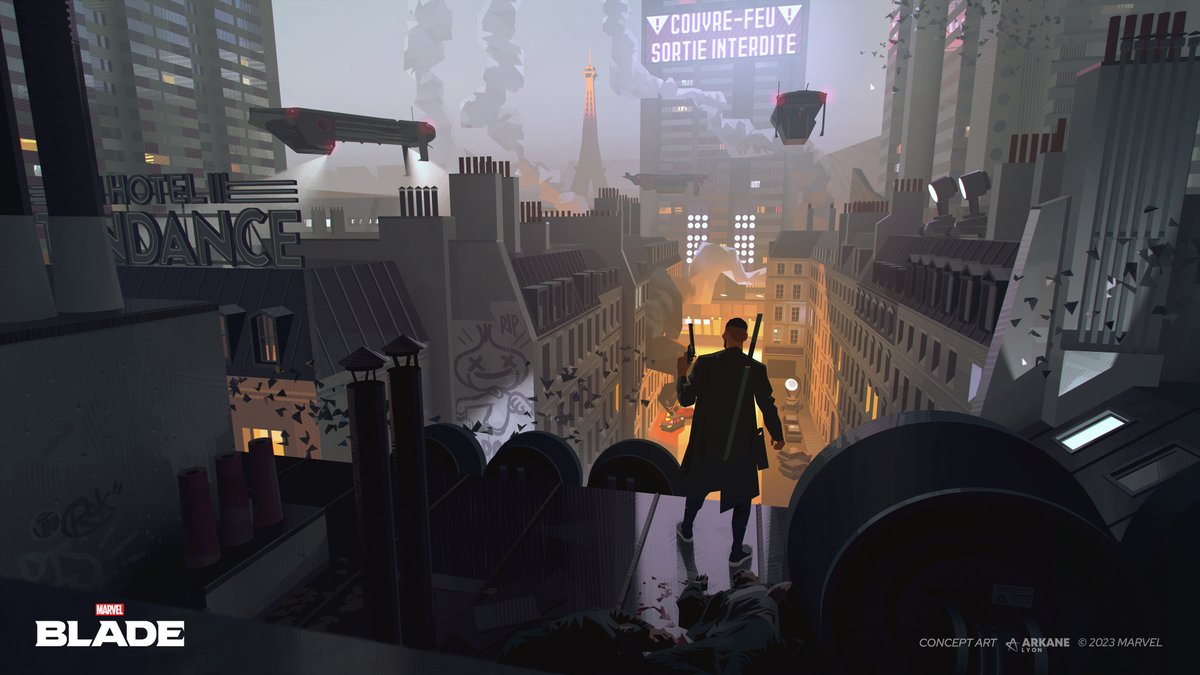 Official Marvel’s Blade concept art showing Blade on a rooftop above a futuristic Paris street, with the Eiffel Tower in the distance.