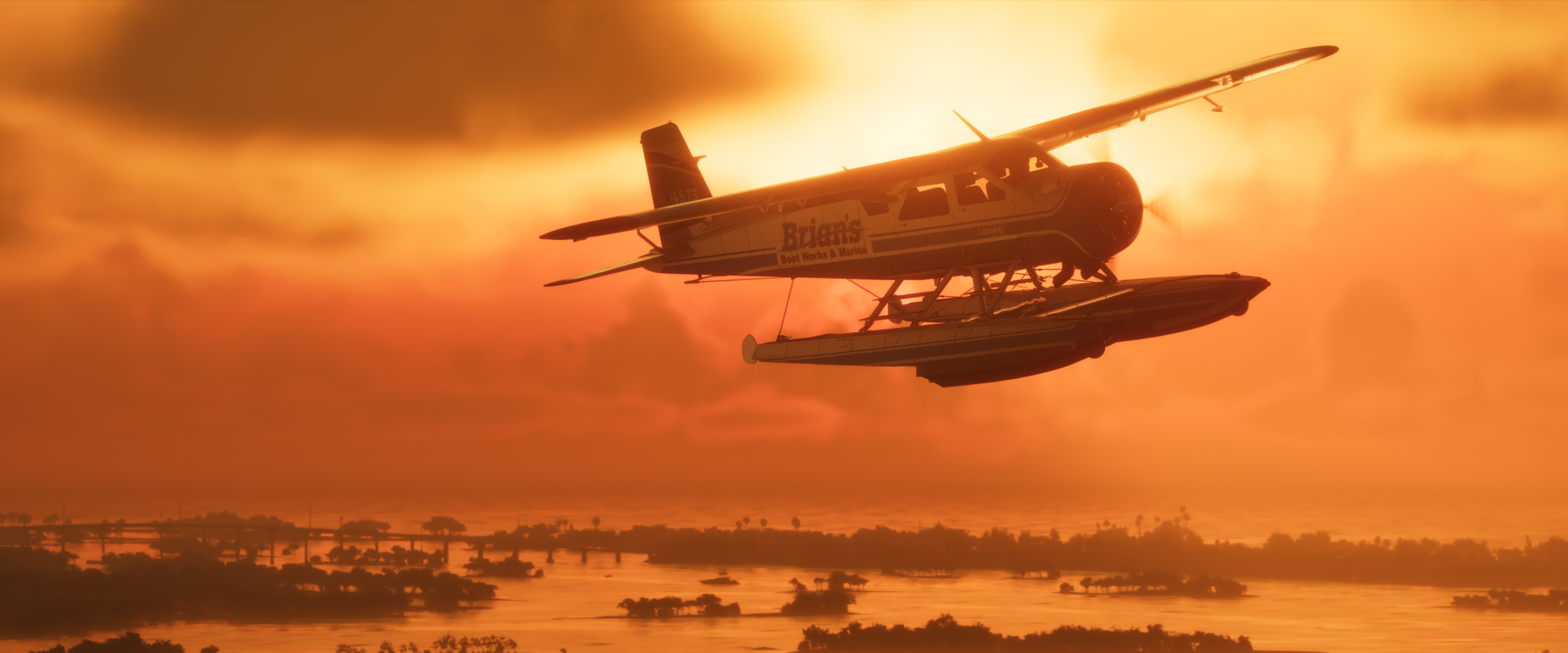 A seaplane flies above the water at sunset in official GTA VI imagery.