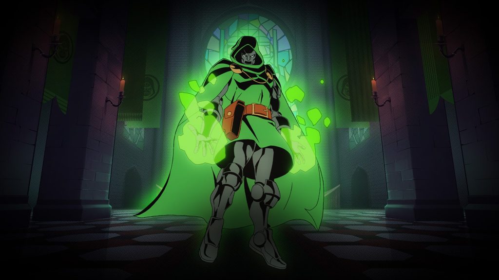 Doctor Doom strides through glowing green energy inside his castle in official Marvel Cosmic Invasion artwork.