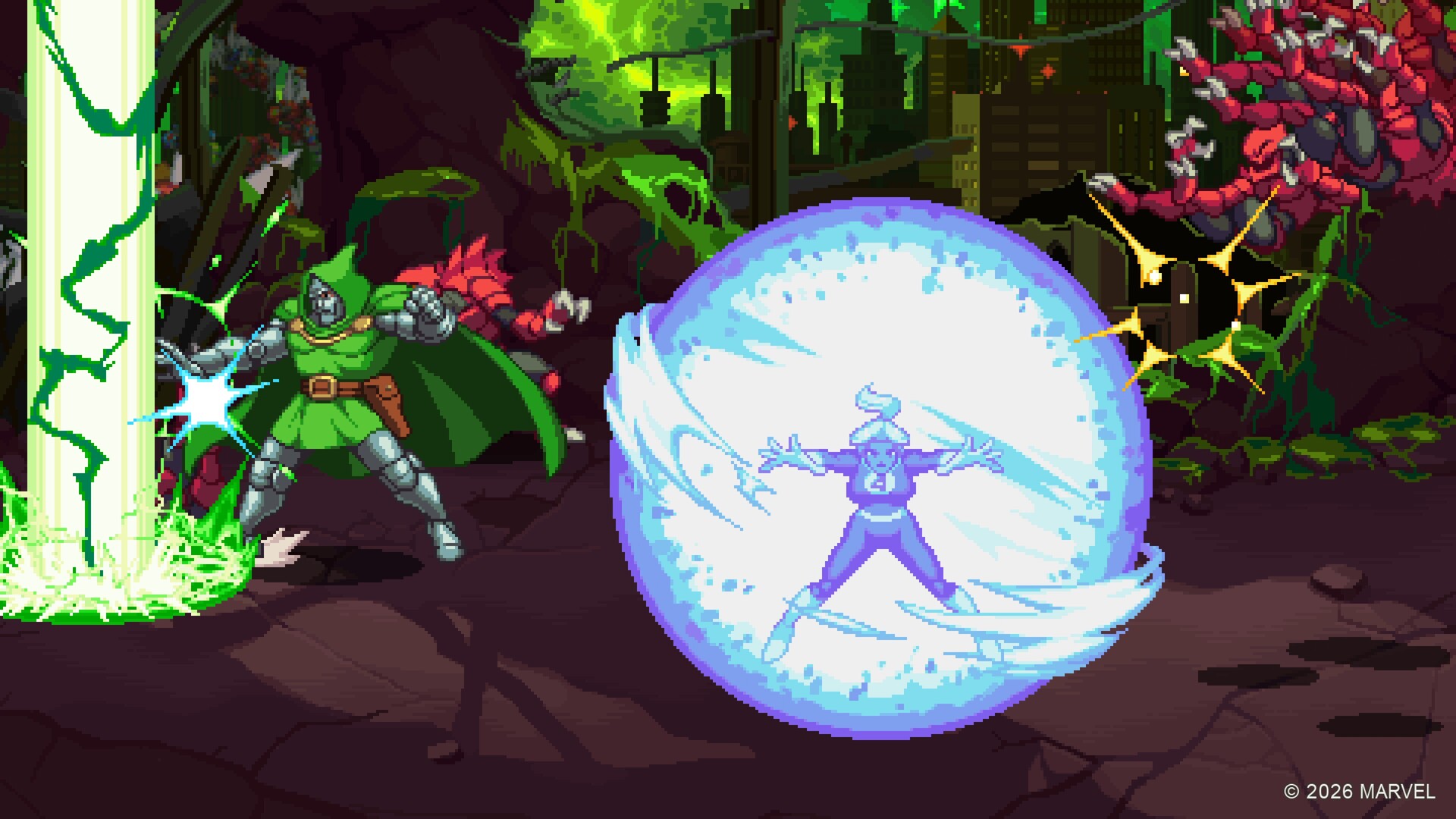 Doctor Doom attacks beside Invisible Woman as she creates a large blue force field in Marvel Cosmic Invasion.