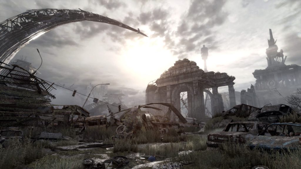 Ruined arches, abandoned cars and a crashed helicopter in Metro Redux.