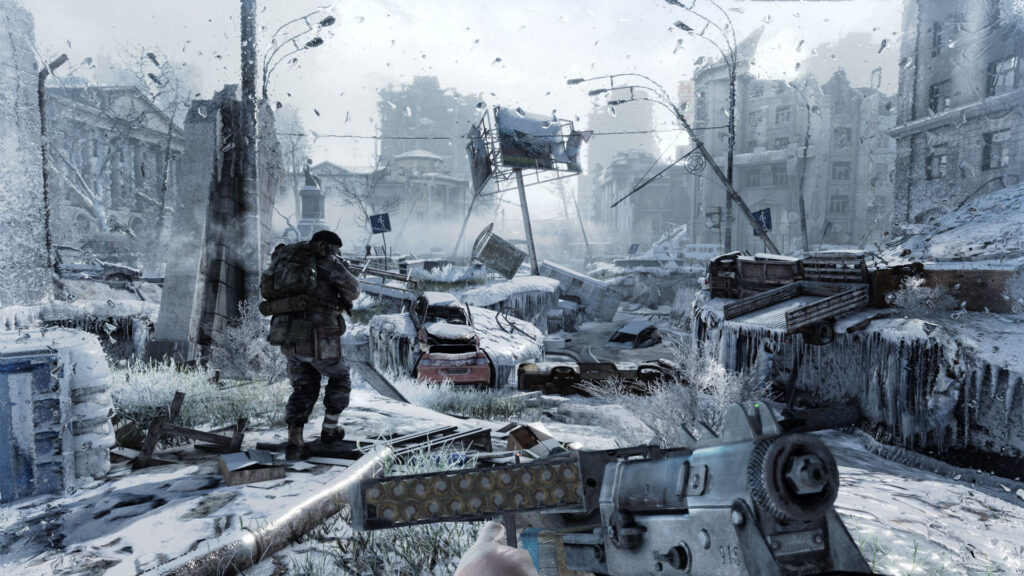 First-person Metro Redux gameplay looking across a snowy ruined street beside another survivor.