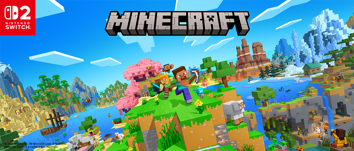 Steve and Alex explore a colourful Minecraft landscape in official Nintendo Switch 2 launch artwork.