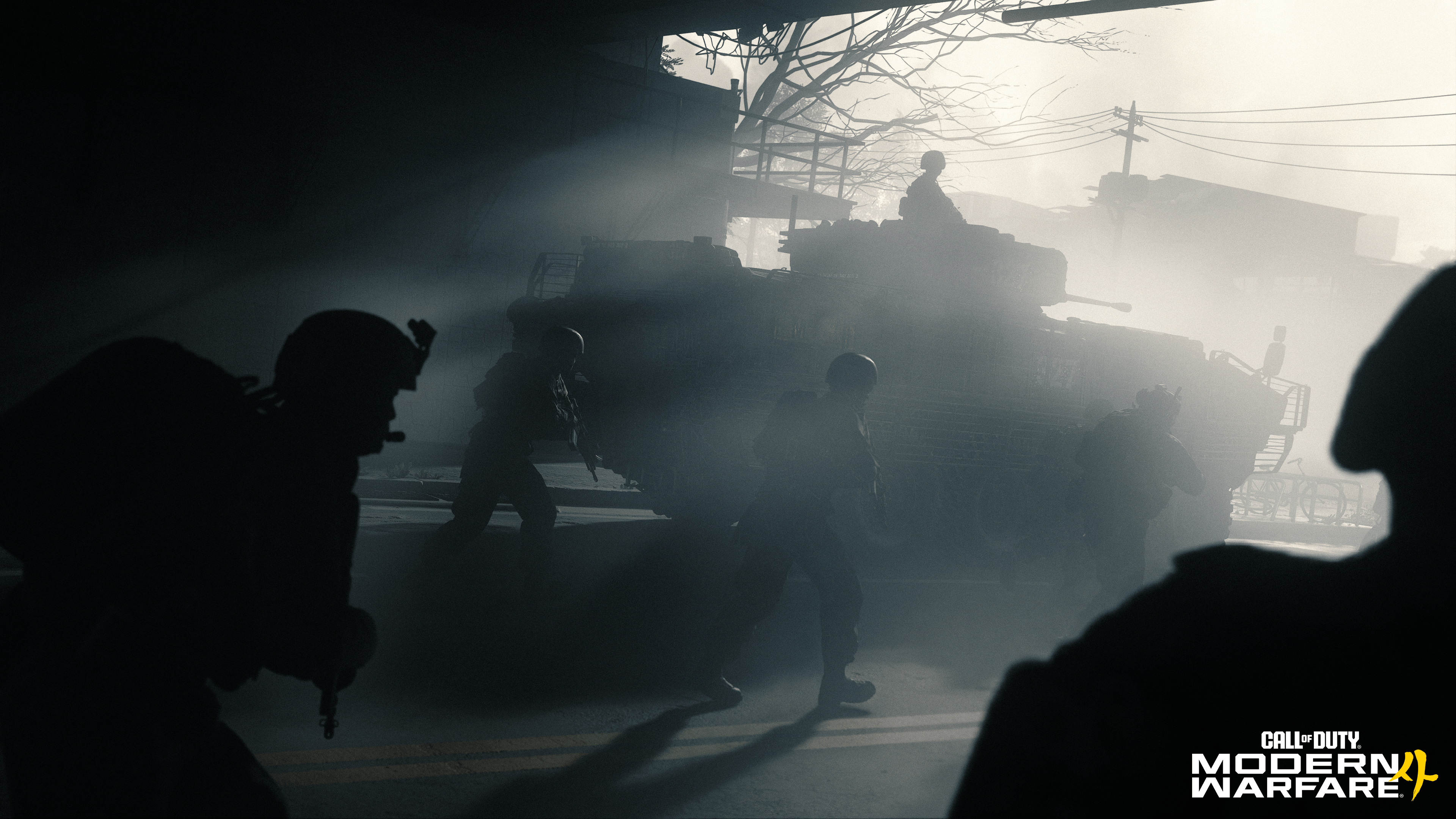 Soldiers move beside an armoured vehicle on a hazy street in an official Modern Warfare 4 campaign screenshot.