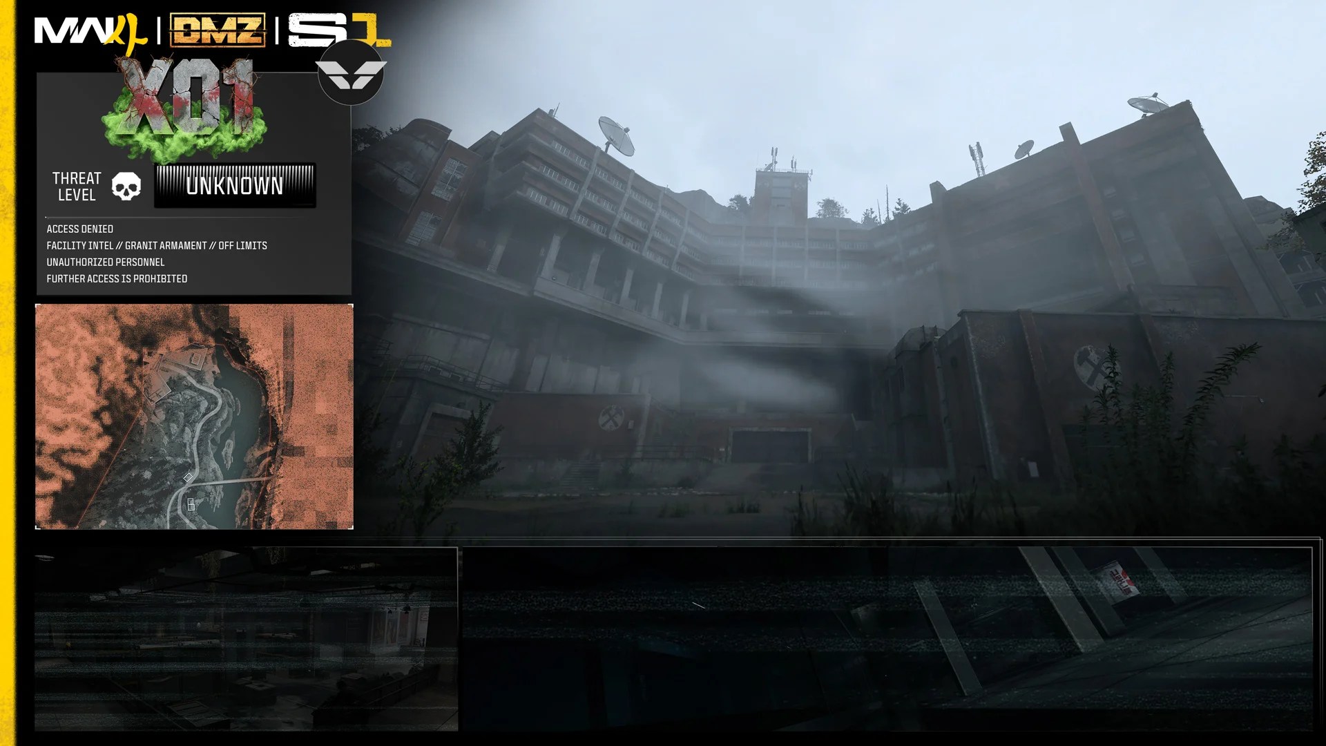 Official DMZ X01 briefing graphic showing a misty industrial weapons facility.