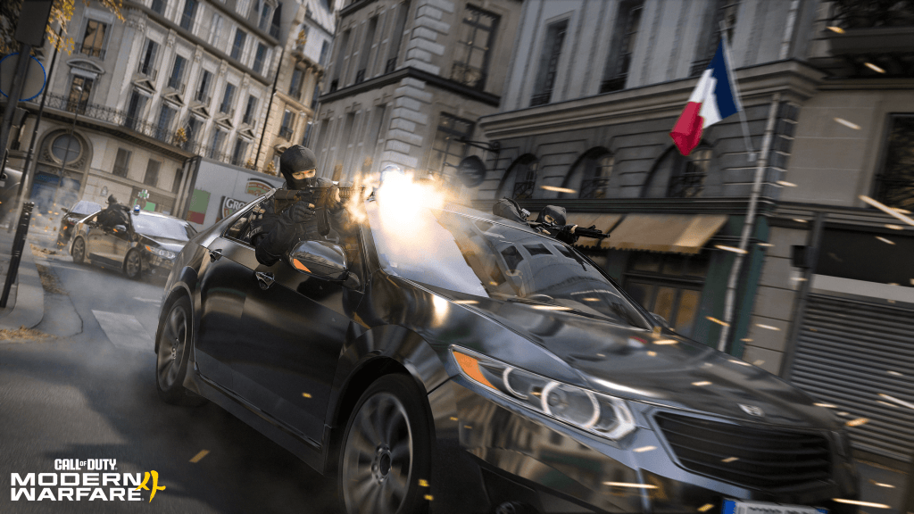 Masked soldiers fire from a black sedan on a Paris street in an official Modern Warfare 4 campaign screenshot.
