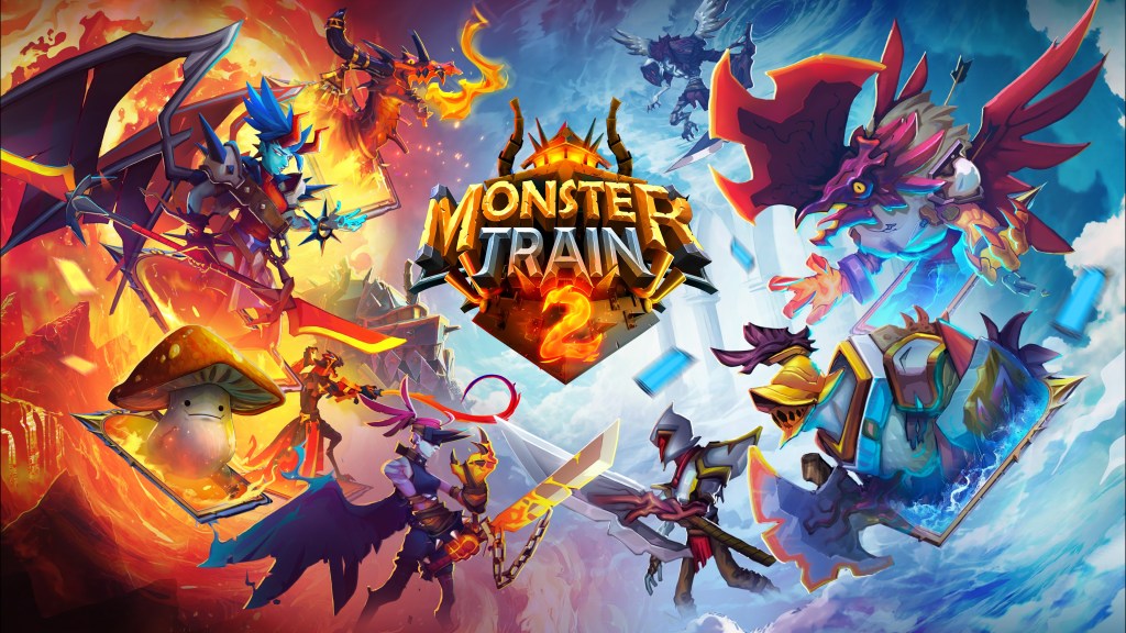 Monster Train 2 title surrounded by colourful fantasy characters and playing cards.