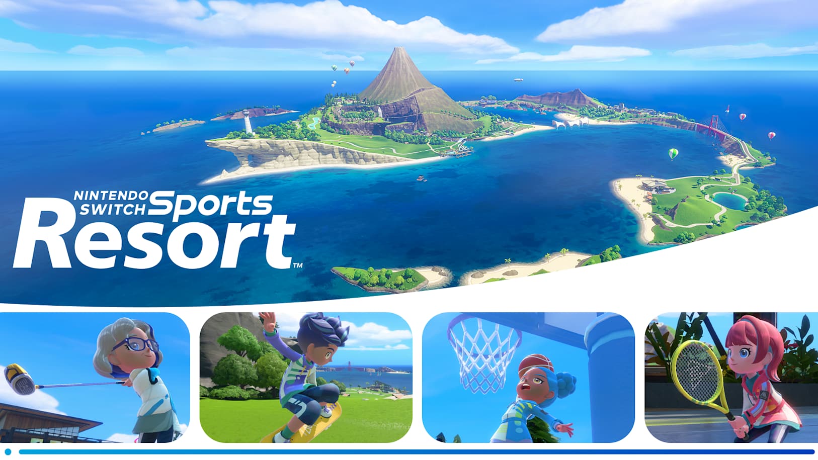 Wuhu Island and scenes of golf, skateboarding, basketball and tennis in Nintendo Switch Sports Resort.