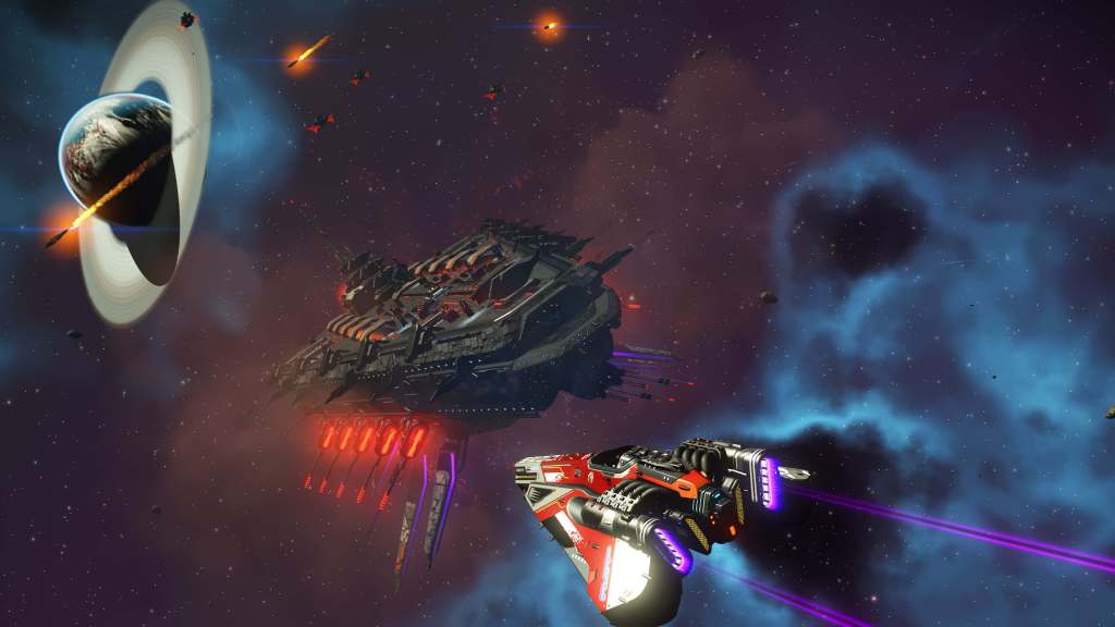 A small starship flies beside a large freighter and a ringed planet in No Man’s Sky.