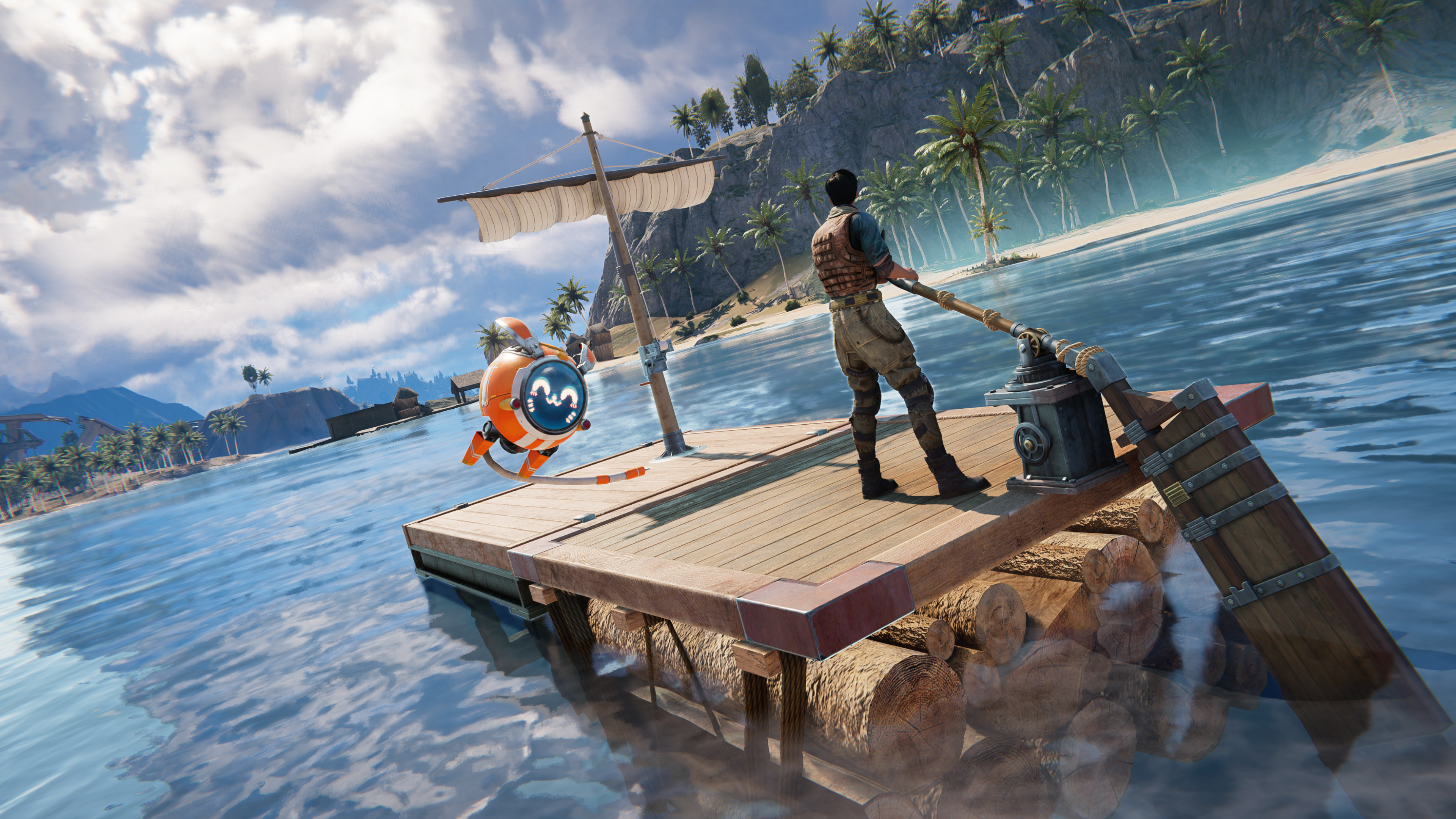 A Once Human character stands on a small wooden raft near a tropical island in Isles of Abyss.