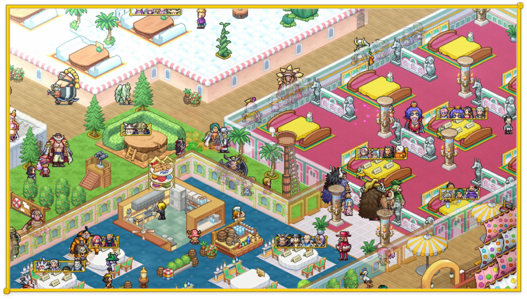 Official ONE PIECE Grand Gourmet screenshot showing a furnished restaurant filled with pixel-art characters.