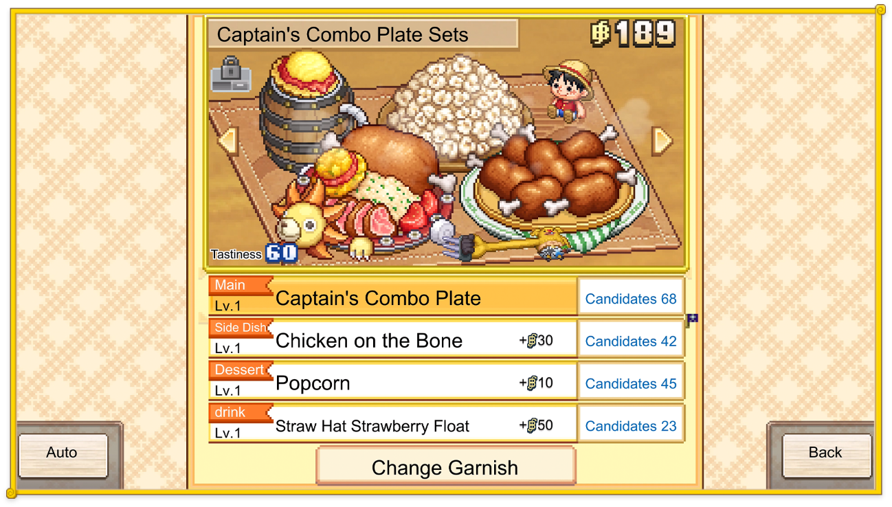 One Piece Grand Gourmet menu screen displaying the Captain’s Combo Plate in its pixel-art restaurant interface.