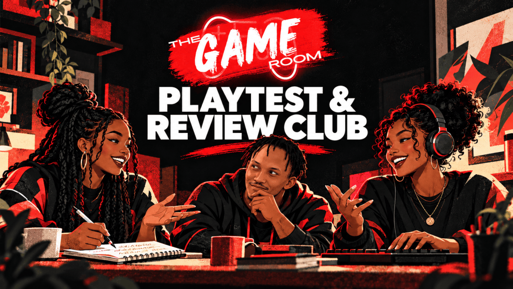 The Game Room logo and Playtest & Review Club title above an illustrated group of three gamers discussing feedback around a table.