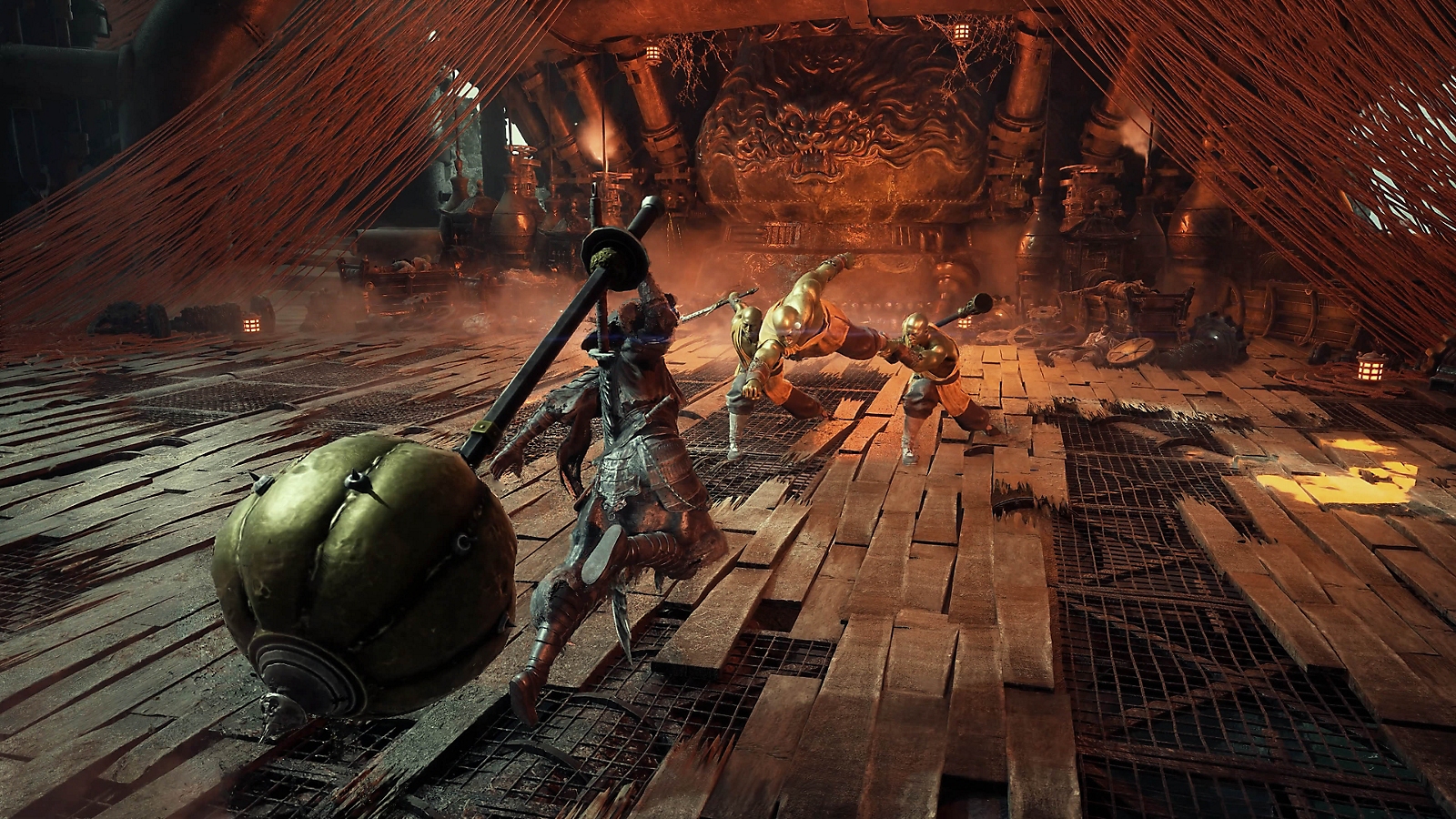 Soul swings a large spherical-headed hammer toward two opponents in an orange-lit hall in Phantom Blade Zero.
