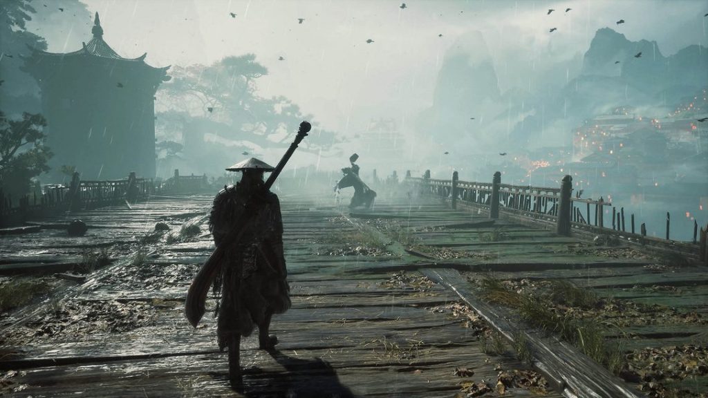 Soul walks across a ruined wooden bridge toward misty buildings in Phantom Blade Zero.
