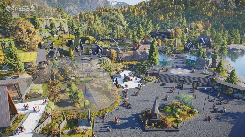 A landscaped zoo with visitors, animal enclosures, aviaries and viewing areas in Planet Zoo 2.