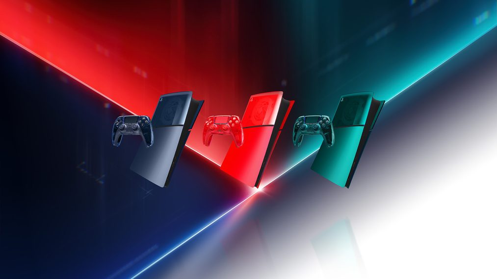 Graphite Gray, Flare Orange and Emerald Green DualSense controllers beside matching PS5 console covers