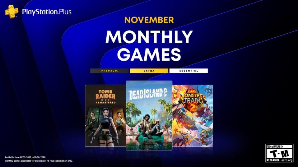 Official PlayStation Plus November 2026 lineup artwork featuring Dead Island 2, Tomb Raider IV–VI Remastered and Monster Train 2.
