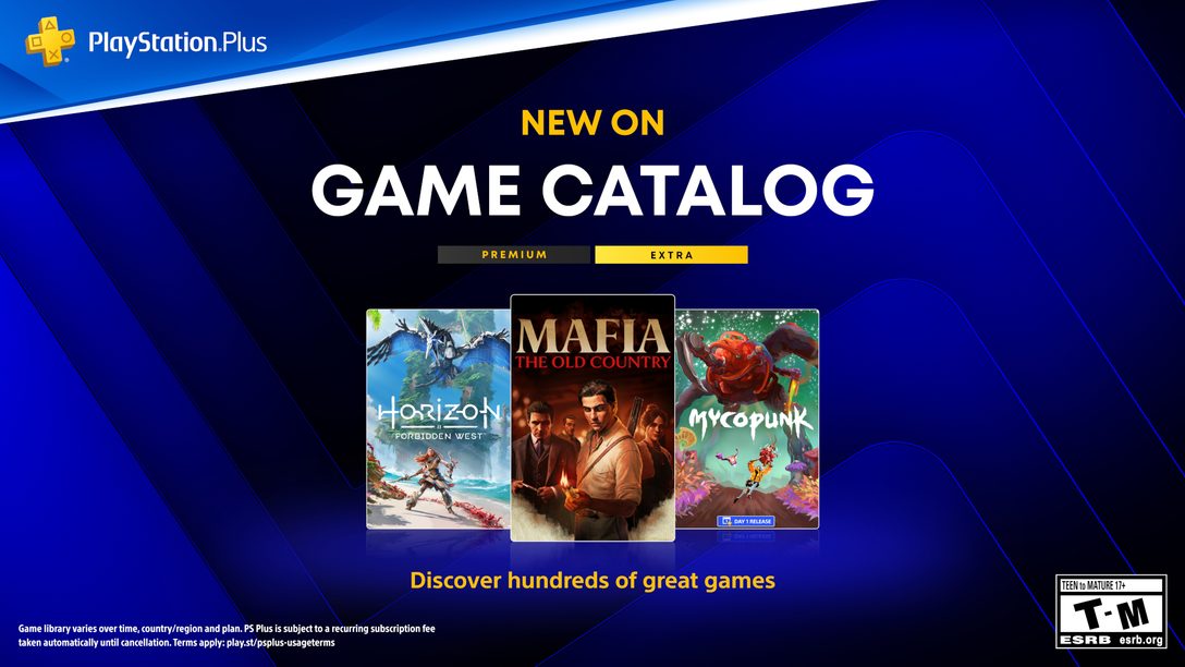 PlayStation Plus promotional graphic featuring Horizon Forbidden West, Mafia: The Old Country and Mycopunk.