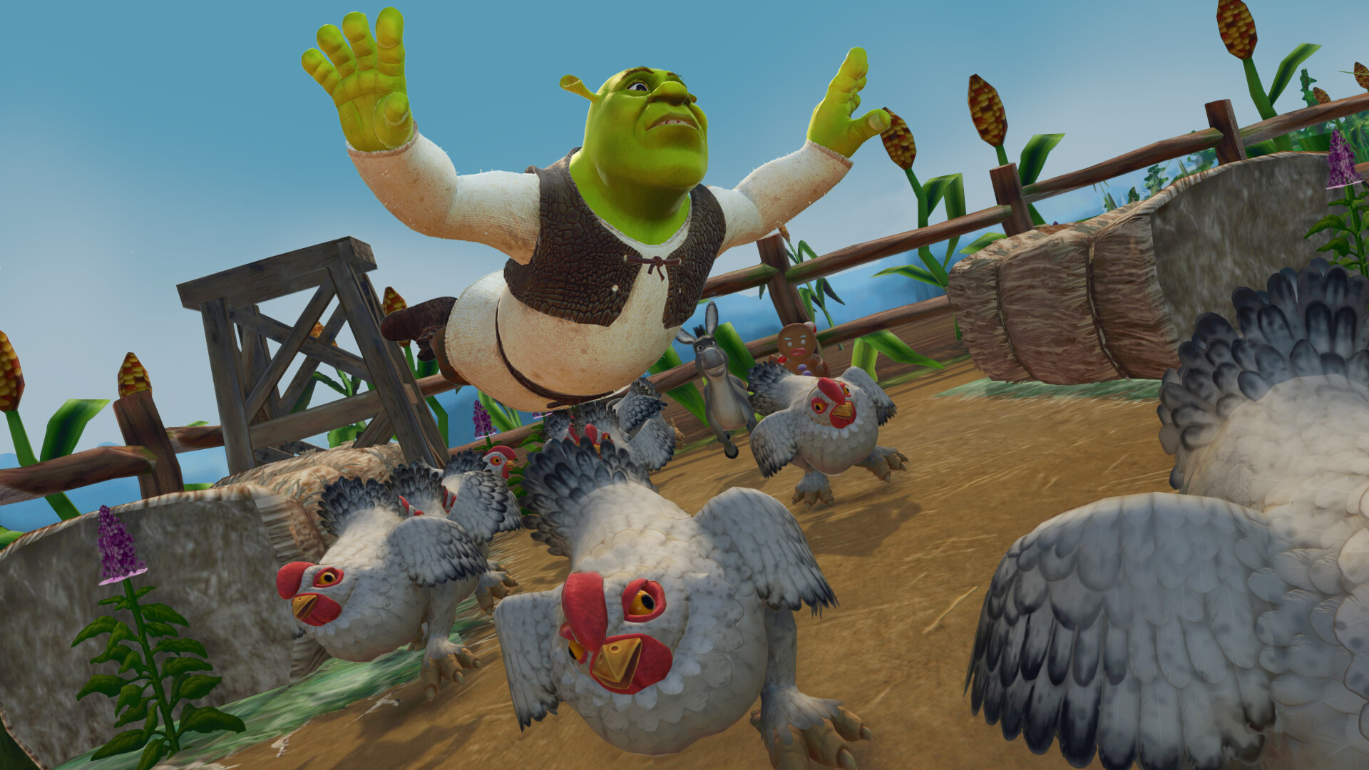 Shrek jumping over chickens in an official Shrek 2 Remastered gameplay screenshot