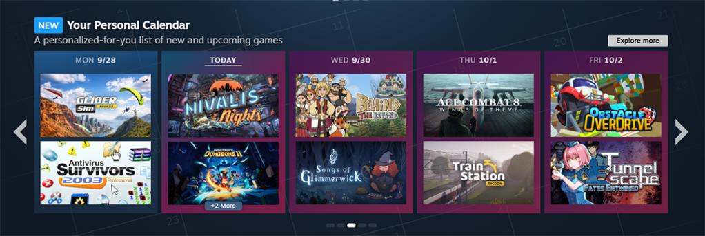 Valve’s example of the Personal Calendar recommendation row on the Steam store homepage.