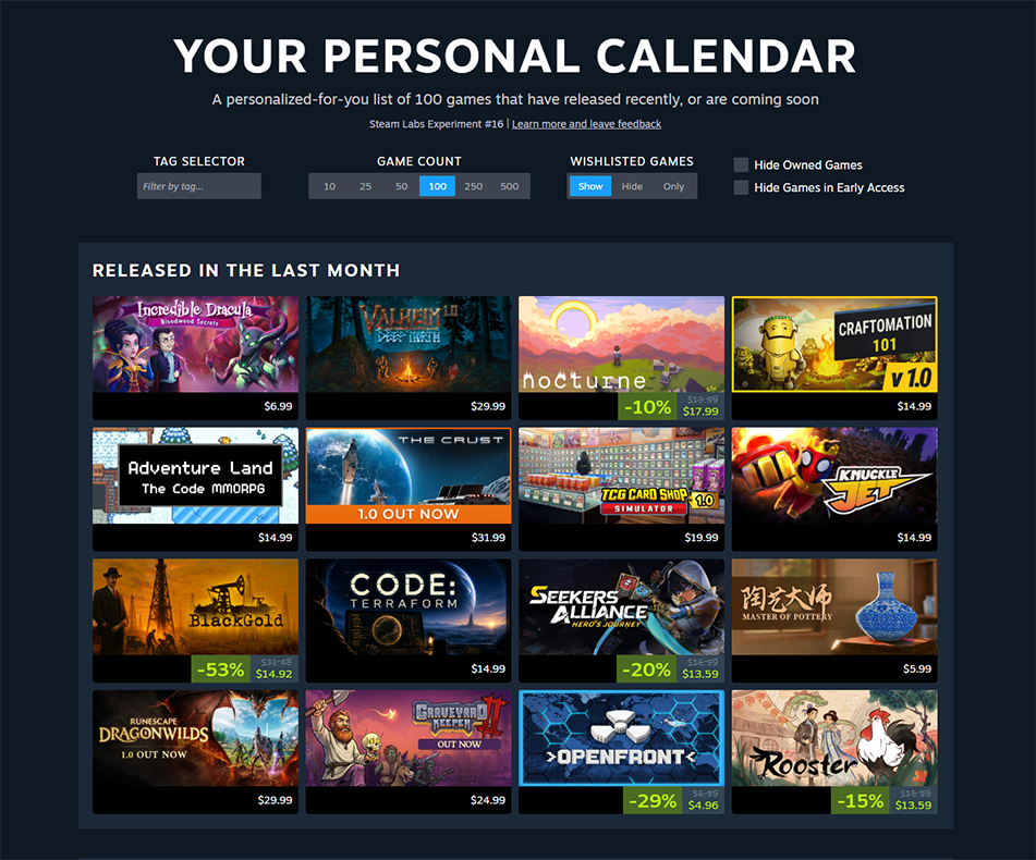 Valve’s illustrative Personal Calendar page showing game filters and a grid of recommendations.