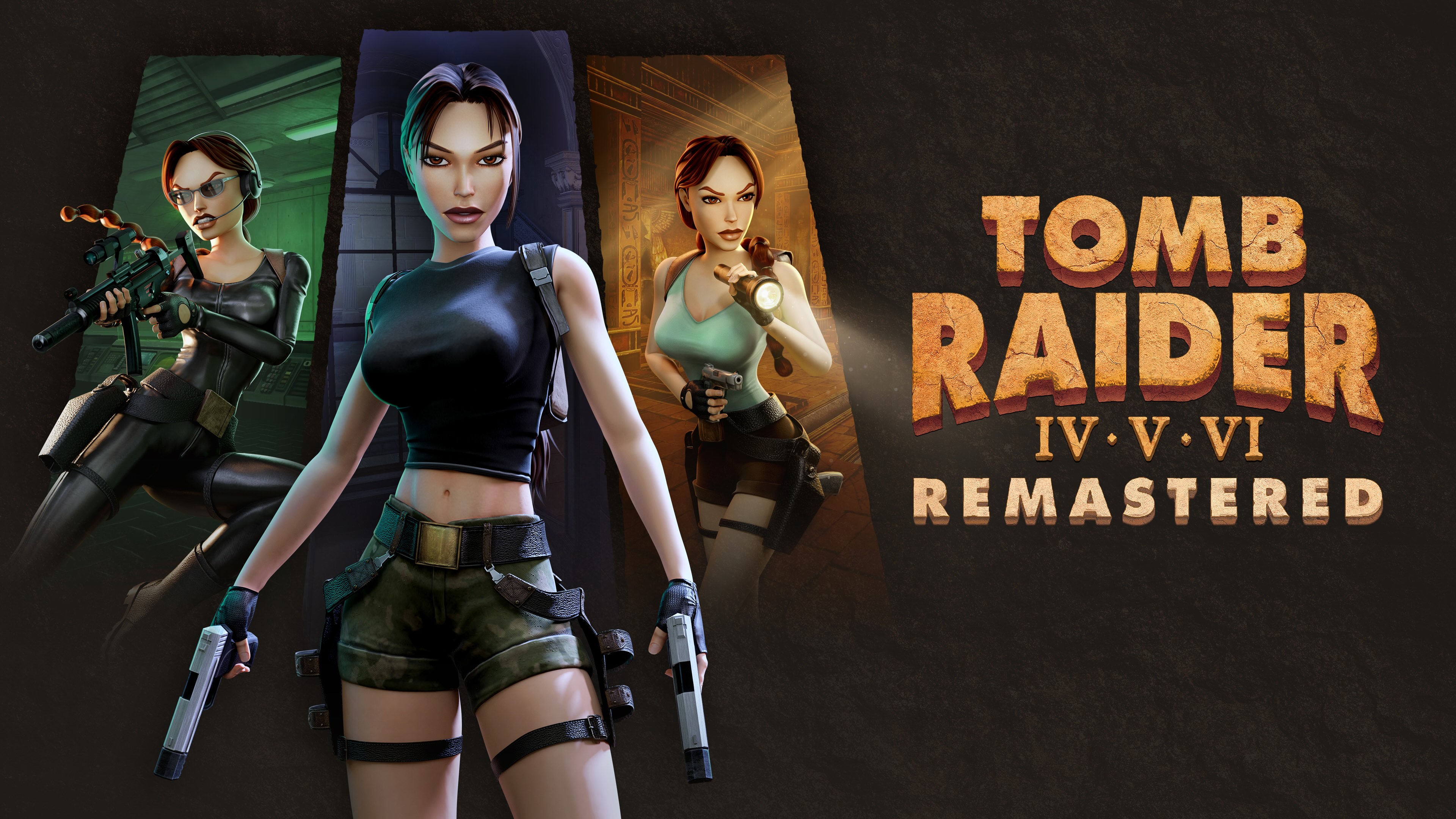 Three depictions of Lara Croft beside the Tomb Raider IV–VI Remastered title.