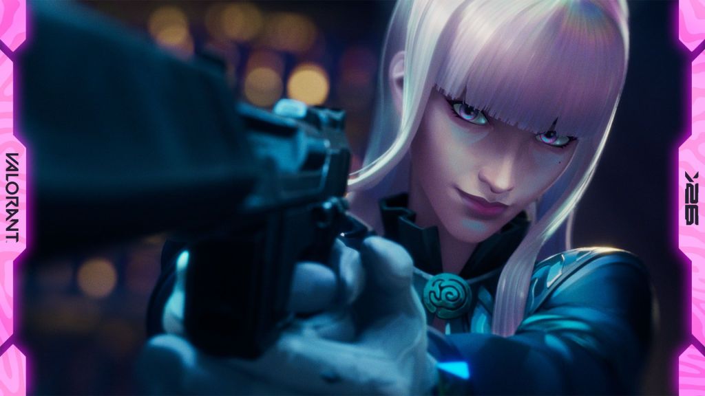 Hush aims a pistol in official VALORANT reveal imagery framed by pink VALORANT branding.