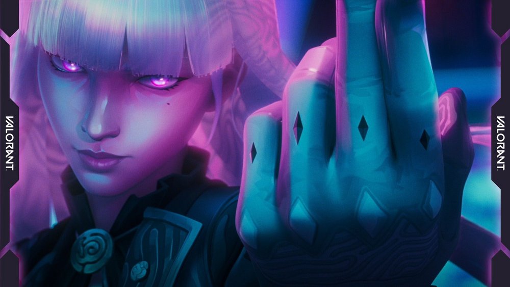 Hush holds a gloved hand towards the camera, with glowing purple eyes, in official Riot Games reveal imagery.